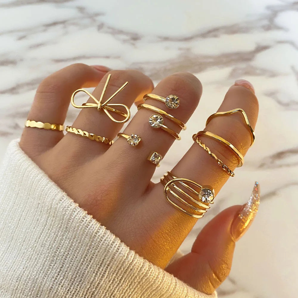 FEELING New 8Pcs/Set Gold Color Bow Rings Set For Women Girls Metal Crystal Cross Open Adjustable Finger Rings Charm Jewelry