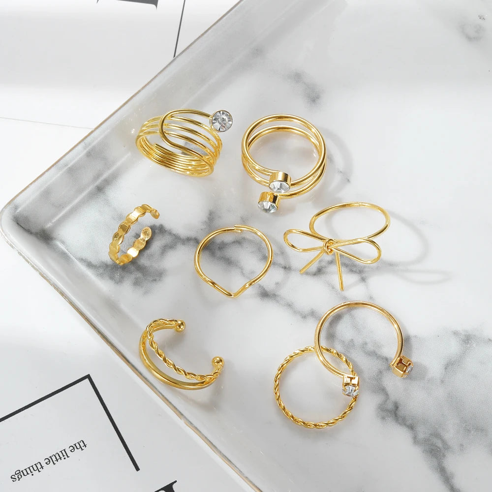 FEELING New 8Pcs/Set Gold Color Bow Rings Set For Women Girls Metal Crystal Cross Open Adjustable Finger Rings Charm Jewelry