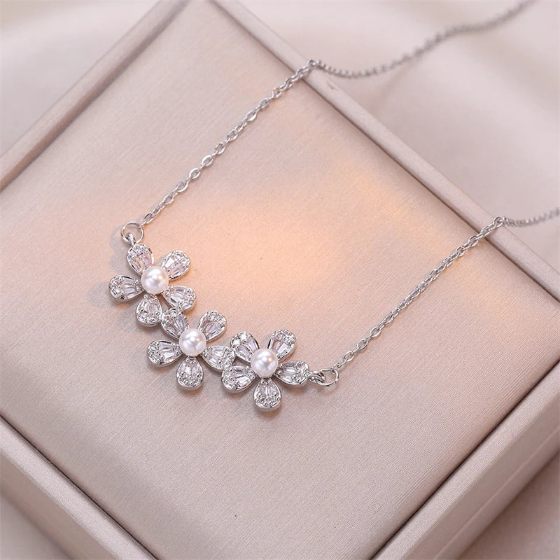 3FLR Stainless Steel New Fashion Fine Jewelry Japanese Style Zircon Pearl Flower Charm Chain Choker Necklaces Pendants For Women