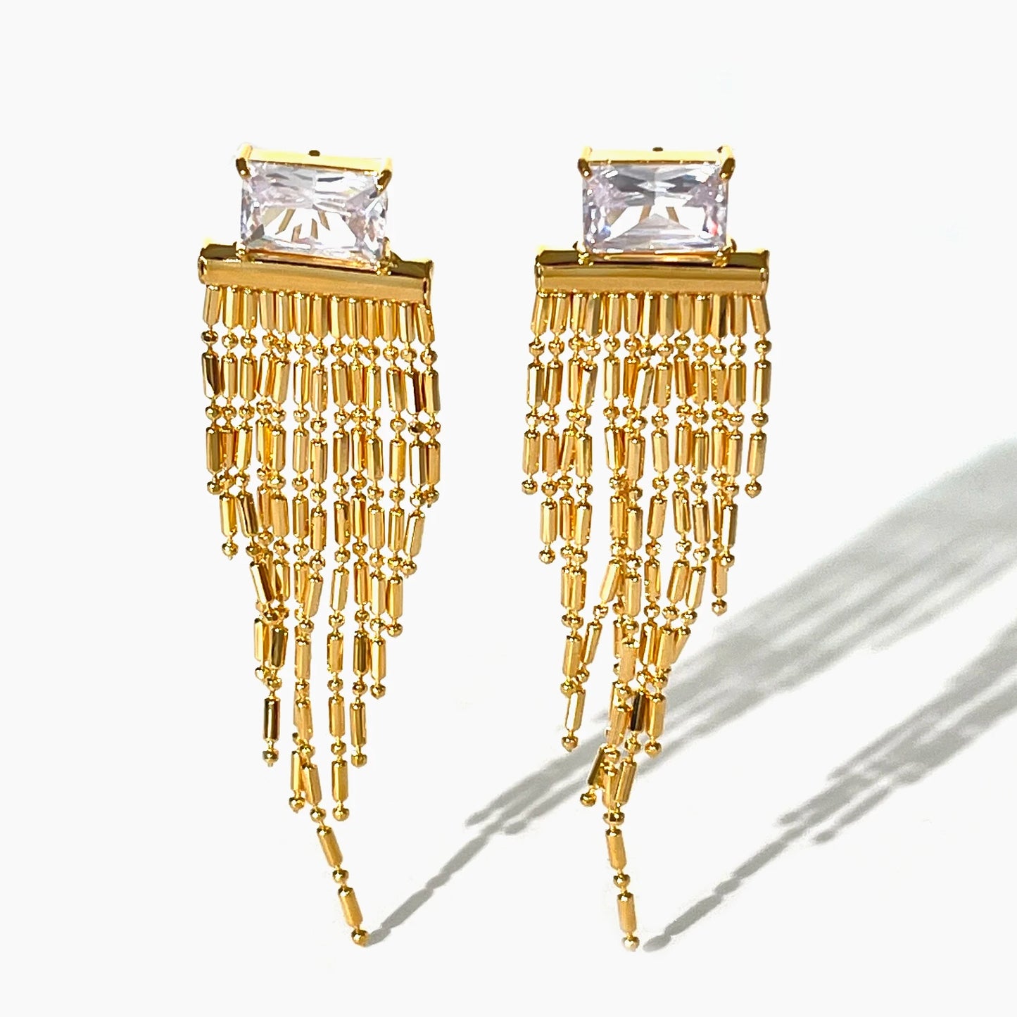 ERRA Pretty AAA Rectangular Zircon Gold Plated Beaded Tassel Earrings Luxury Party Jewelry Long Drop Fringe Earrings Women