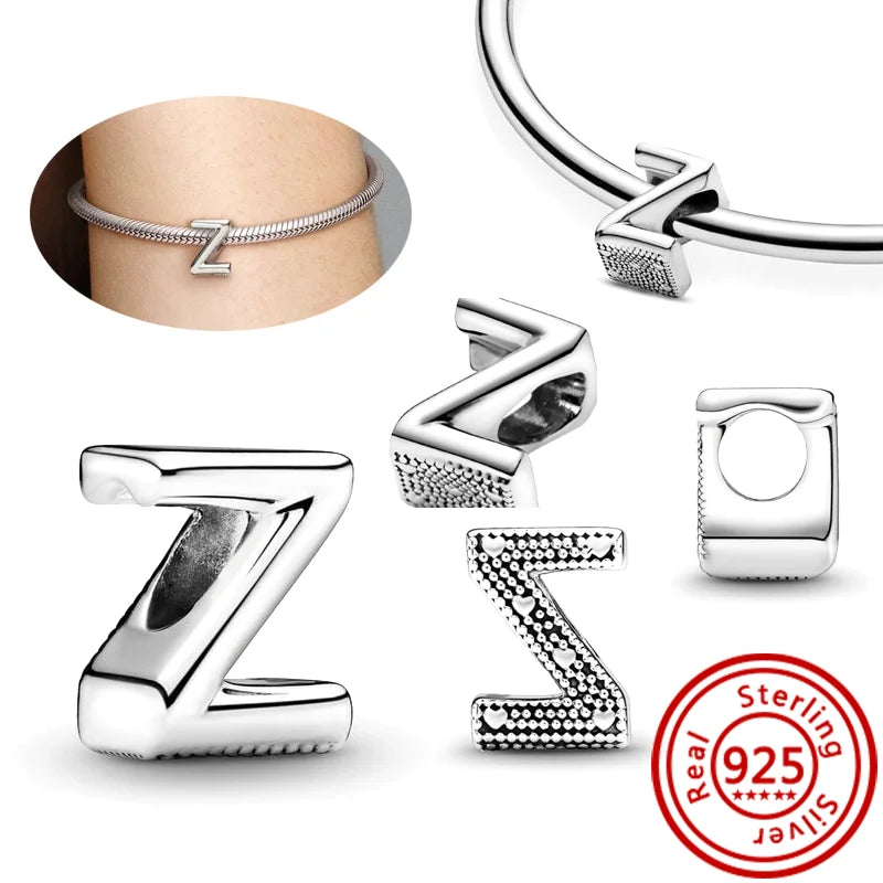 925 Sterling Silver 26 Letter A~Z Alphabet DIY Name Beads Fit Original Pandora Charm Bracelet Bangles Fine Jewelry