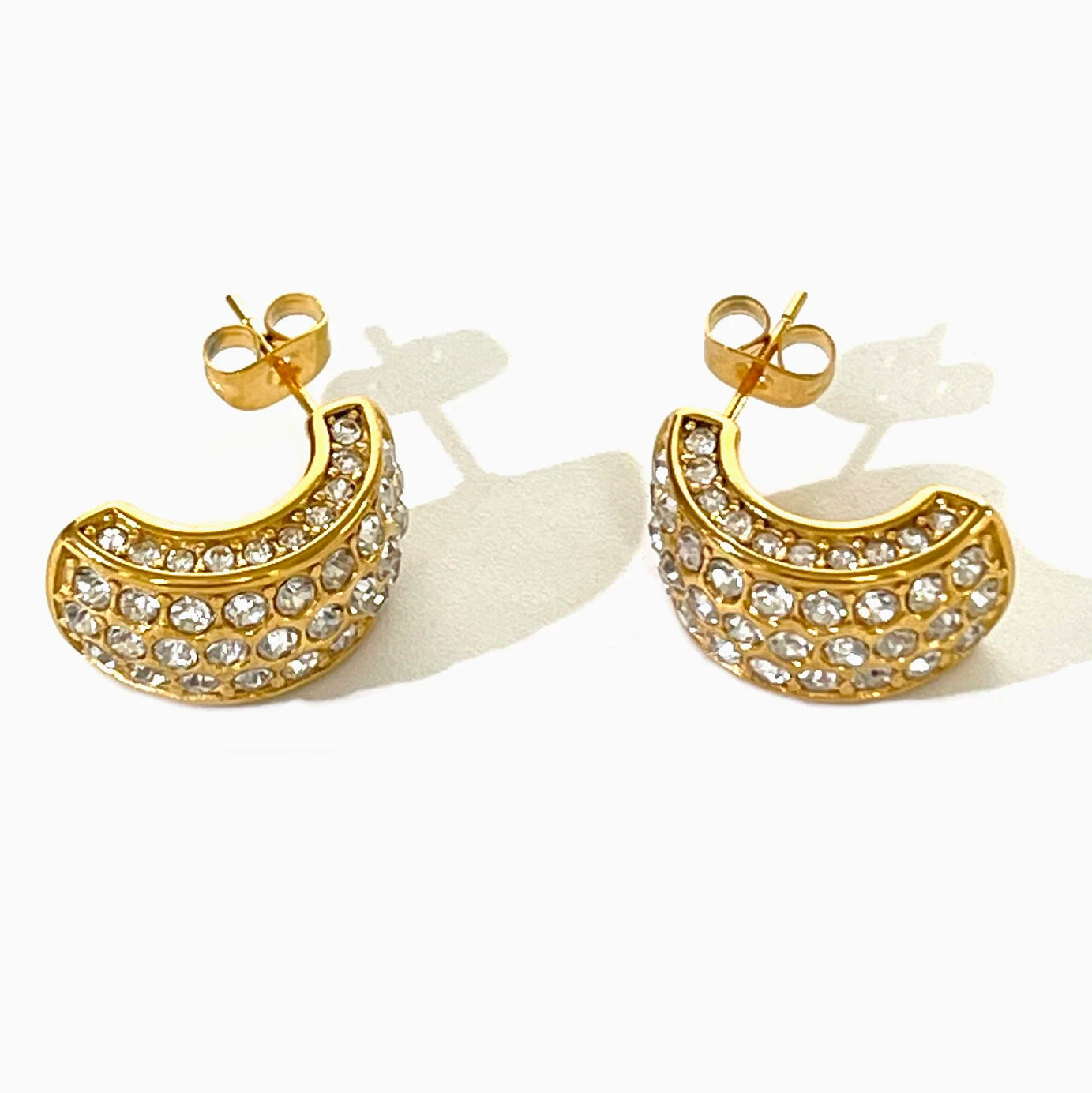 DOMET Stainless Steel 18K Gold Plated Pave Cz Rhinestones Dome Stud Earrings for Lady Water-Resistant Party Jewellery