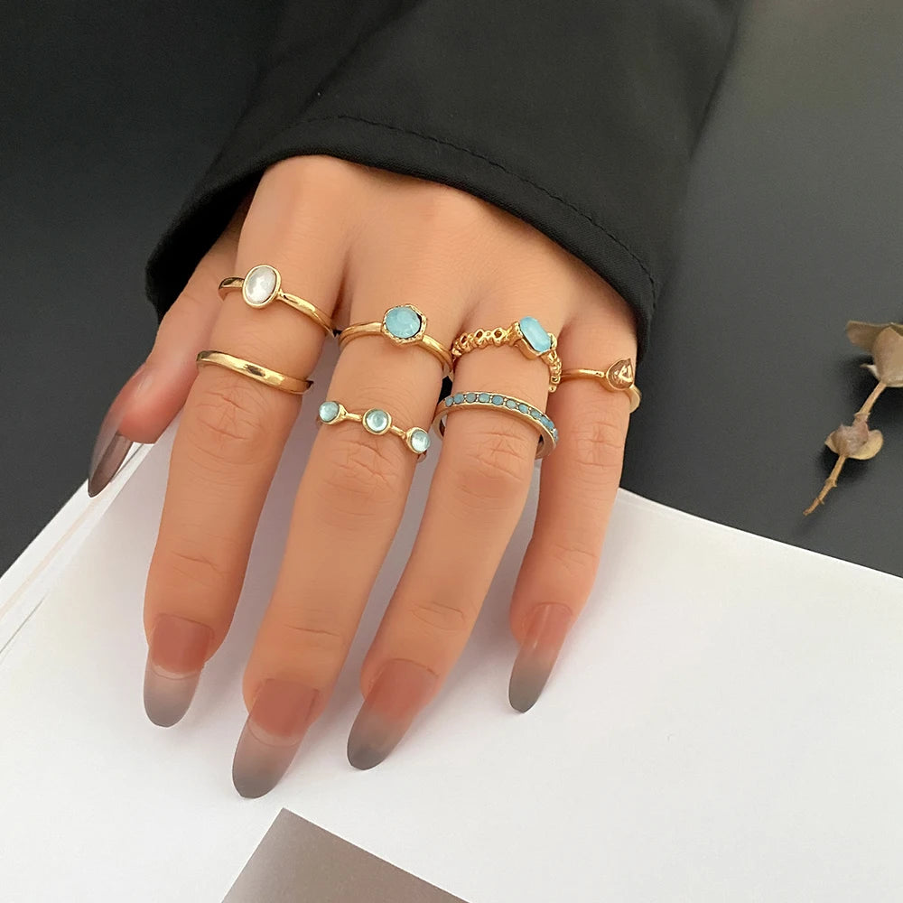 FEELING New 8Pcs/Set Gold Color Bow Rings Set For Women Girls Metal Crystal Cross Open Adjustable Finger Rings Charm Jewelry