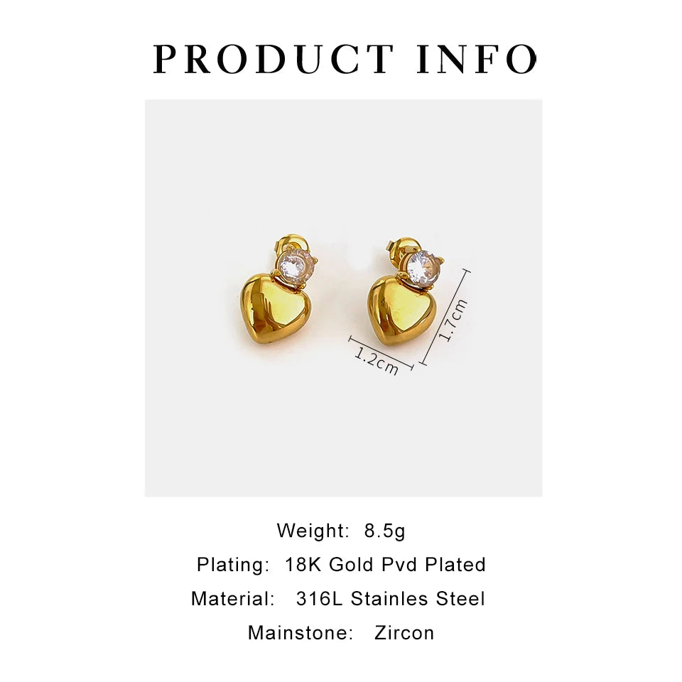 HEARTY Fashion Metal Heart Stainless Steel Earrings Gold Plated Round Zircon Waterproof Jewelry for Women Wedding Party Gifts