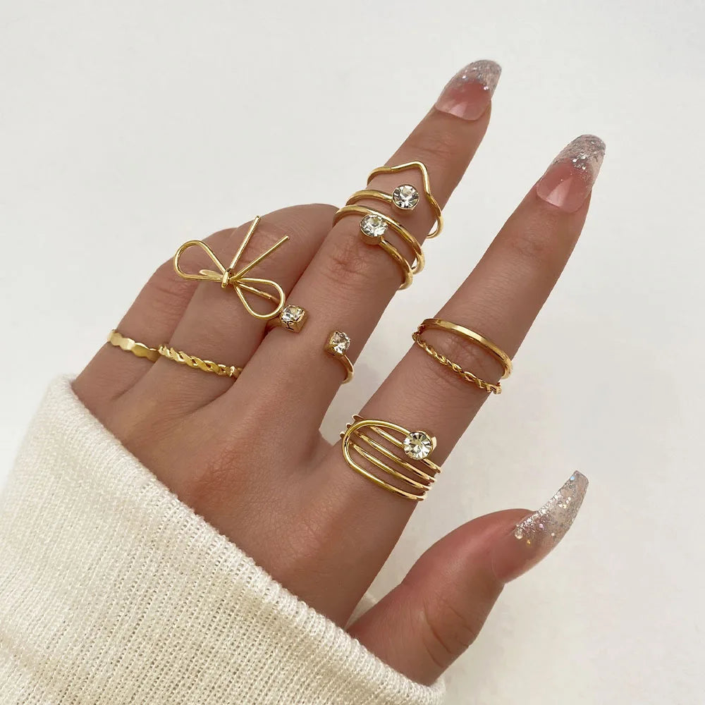 FEELING New 8Pcs/Set Gold Color Bow Rings Set For Women Girls Metal Crystal Cross Open Adjustable Finger Rings Charm Jewelry