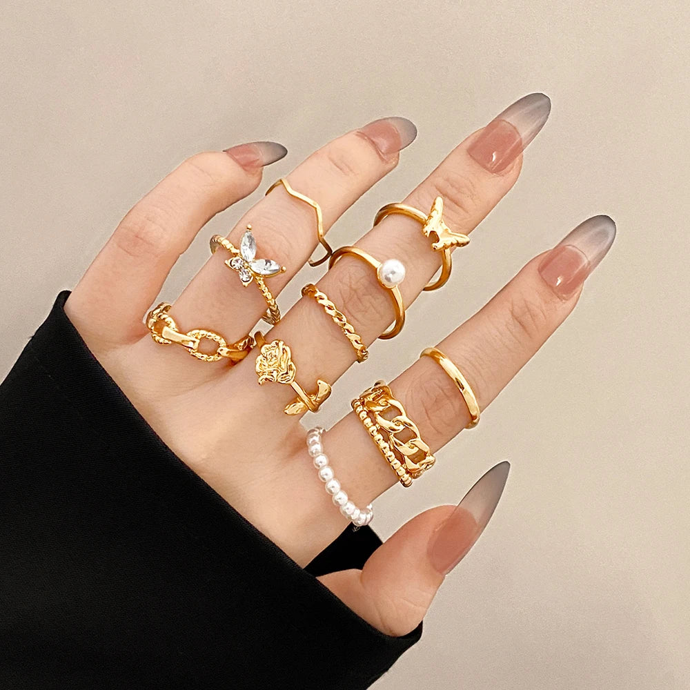 FEELING New 8Pcs/Set Gold Color Bow Rings Set For Women Girls Metal Crystal Cross Open Adjustable Finger Rings Charm Jewelry