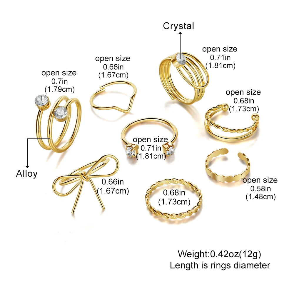 FEELING New 8Pcs/Set Gold Color Bow Rings Set For Women Girls Metal Crystal Cross Open Adjustable Finger Rings Charm Jewelry