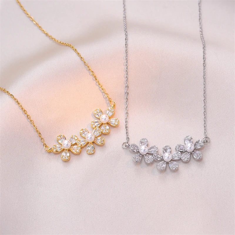 3FLR Stainless Steel New Fashion Fine Jewelry Japanese Style Zircon Pearl Flower Charm Chain Choker Necklaces Pendants For Women