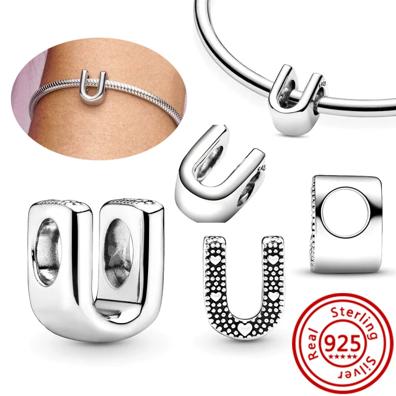 925 Sterling Silver 26 Letter A~Z Alphabet DIY Name Beads Fit Original Pandora Charm Bracelet Bangles Fine Jewelry