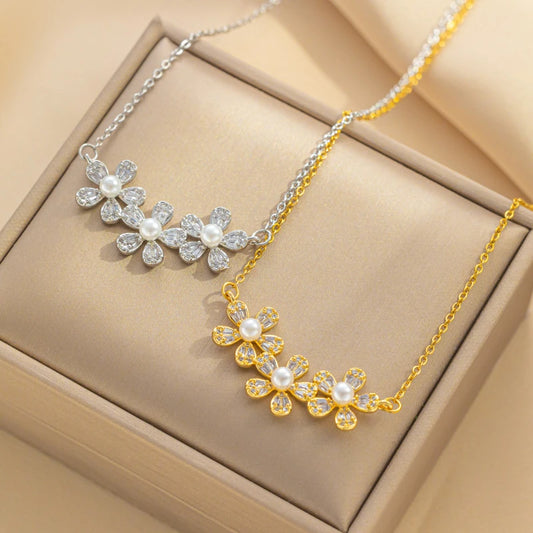 3FLR Stainless Steel New Fashion Fine Jewelry Japanese Style Zircon Pearl Flower Charm Chain Choker Necklaces Pendants For Women