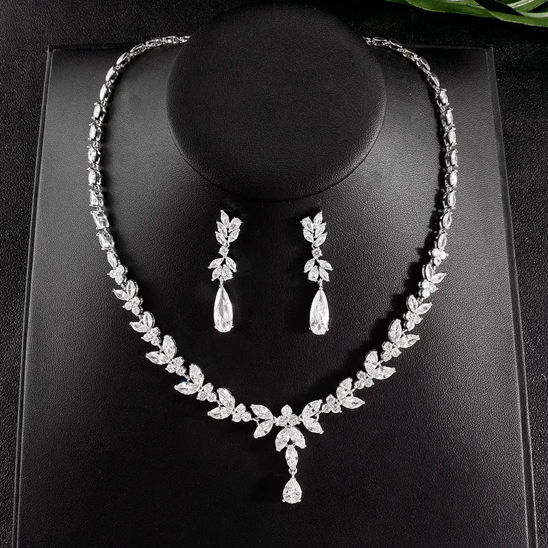 SOUSOU Brand Luxury Cubic Zirconia Dangle Earrings Necklace Elegant Gorgeous CZ Wedding Banquet Party Jewelry Set