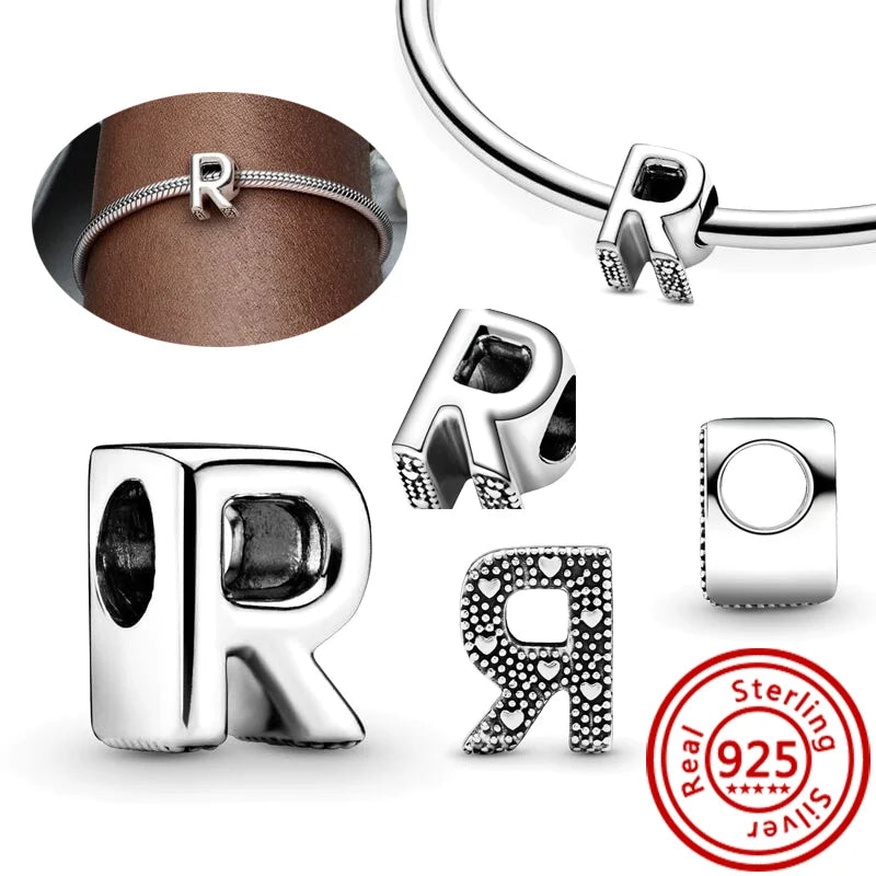 925 Sterling Silver 26 Letter A~Z Alphabet DIY Name Beads Fit Original Pandora Charm Bracelet Bangles Fine Jewelry