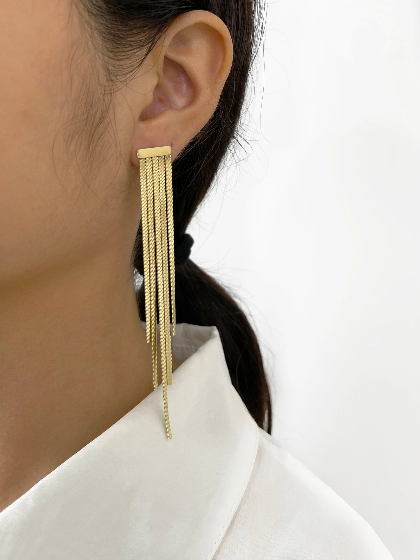 ERRAS 18K Gold Pvd Plated Stainless Steel Tassel Earrings for Women Herringbone Chain Long Fringe Earrings Free Tarnish