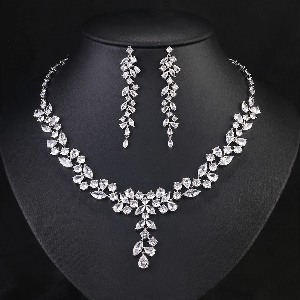 BISMA Brand Sliver Color AAA Zirconia Bridal Jewelry Sets Luxury Flower Leaf Clear Zircon Earring Necklaces for Women