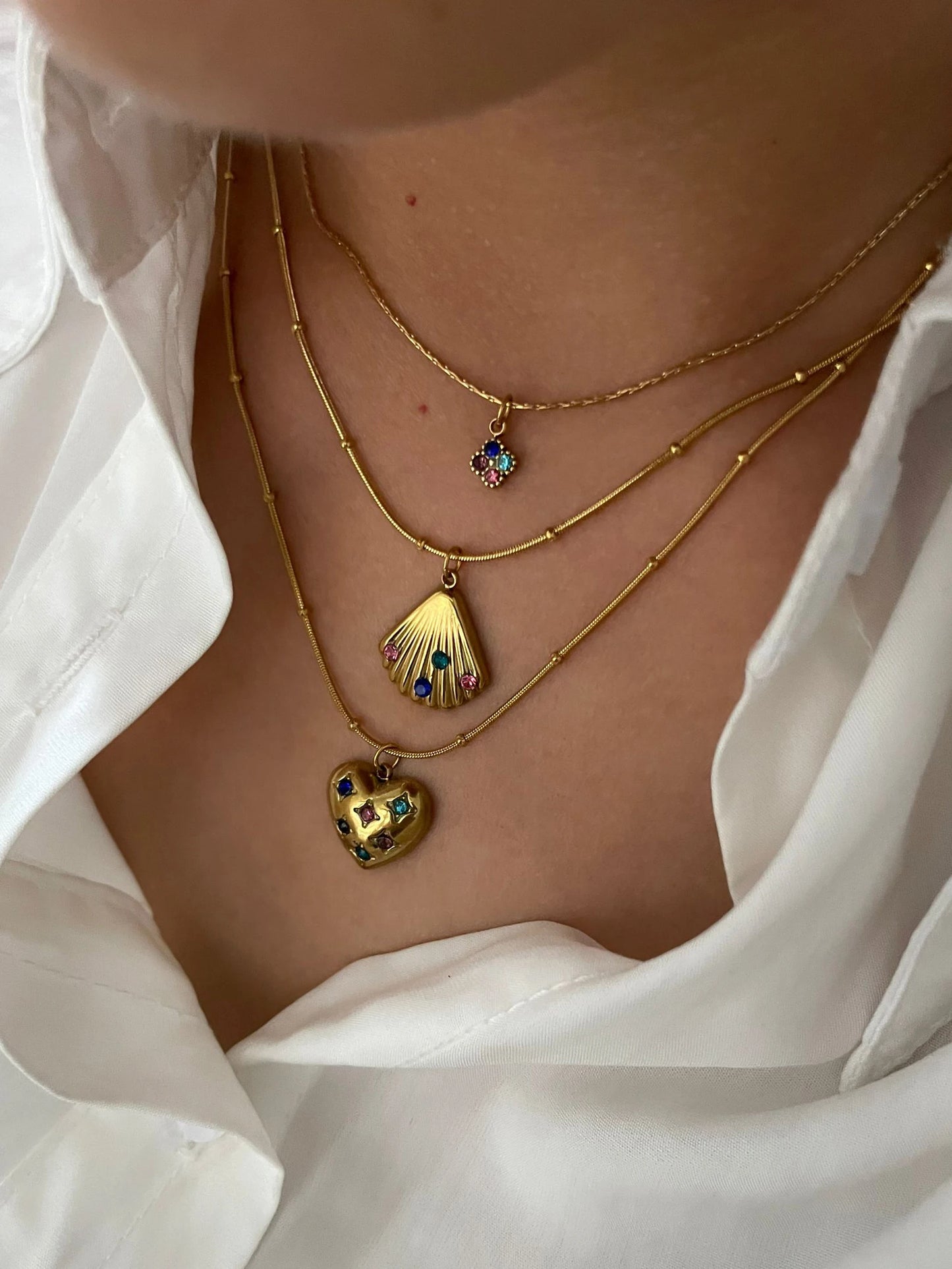 PERLAXIS Dainty Gold Plated Colored Rhinestone Square Heart Shell Pendant Necklace for Women Girls Fashion Party Daily Jewelry