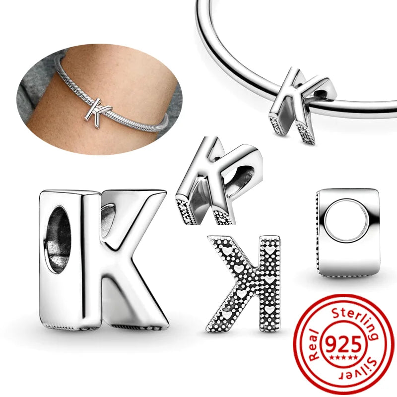 925 Sterling Silver 26 Letter A~Z Alphabet DIY Name Beads Fit Original Pandora Charm Bracelet Bangles Fine Jewelry