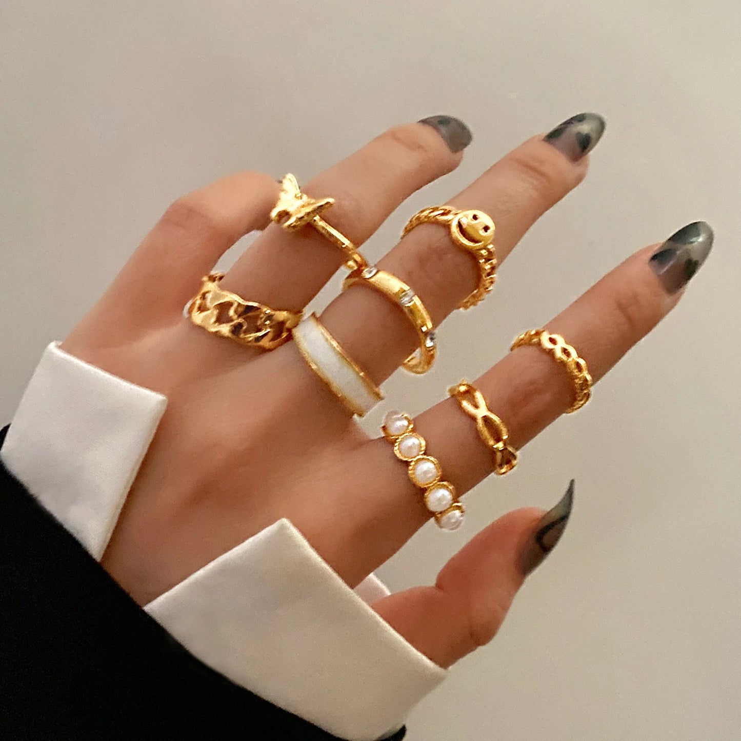 FEELING New 8Pcs/Set Gold Color Bow Rings Set For Women Girls Metal Crystal Cross Open Adjustable Finger Rings Charm Jewelry