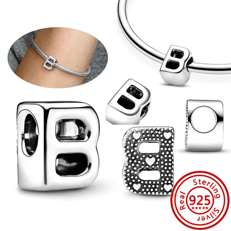 925 Sterling Silver 26 Letter A~Z Alphabet DIY Name Beads Fit Original Pandora Charm Bracelet Bangles Fine Jewelry