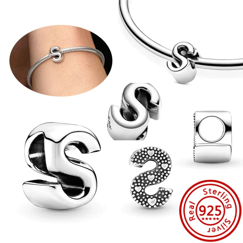 925 Sterling Silver 26 Letter A~Z Alphabet DIY Name Beads Fit Original Pandora Charm Bracelet Bangles Fine Jewelry