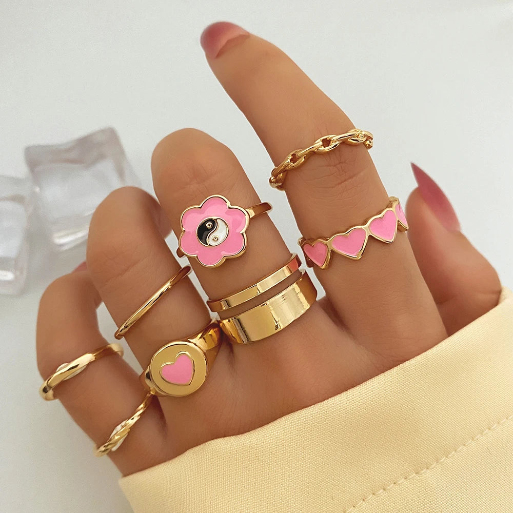 FEELING New 8Pcs/Set Gold Color Bow Rings Set For Women Girls Metal Crystal Cross Open Adjustable Finger Rings Charm Jewelry