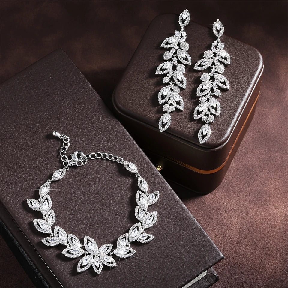 FAITHFUL Brand Shiny Buling Micropaved Zirconia Leaf Long Earrings Chain Bracelet Charm Wedding Jewelry Set For Women