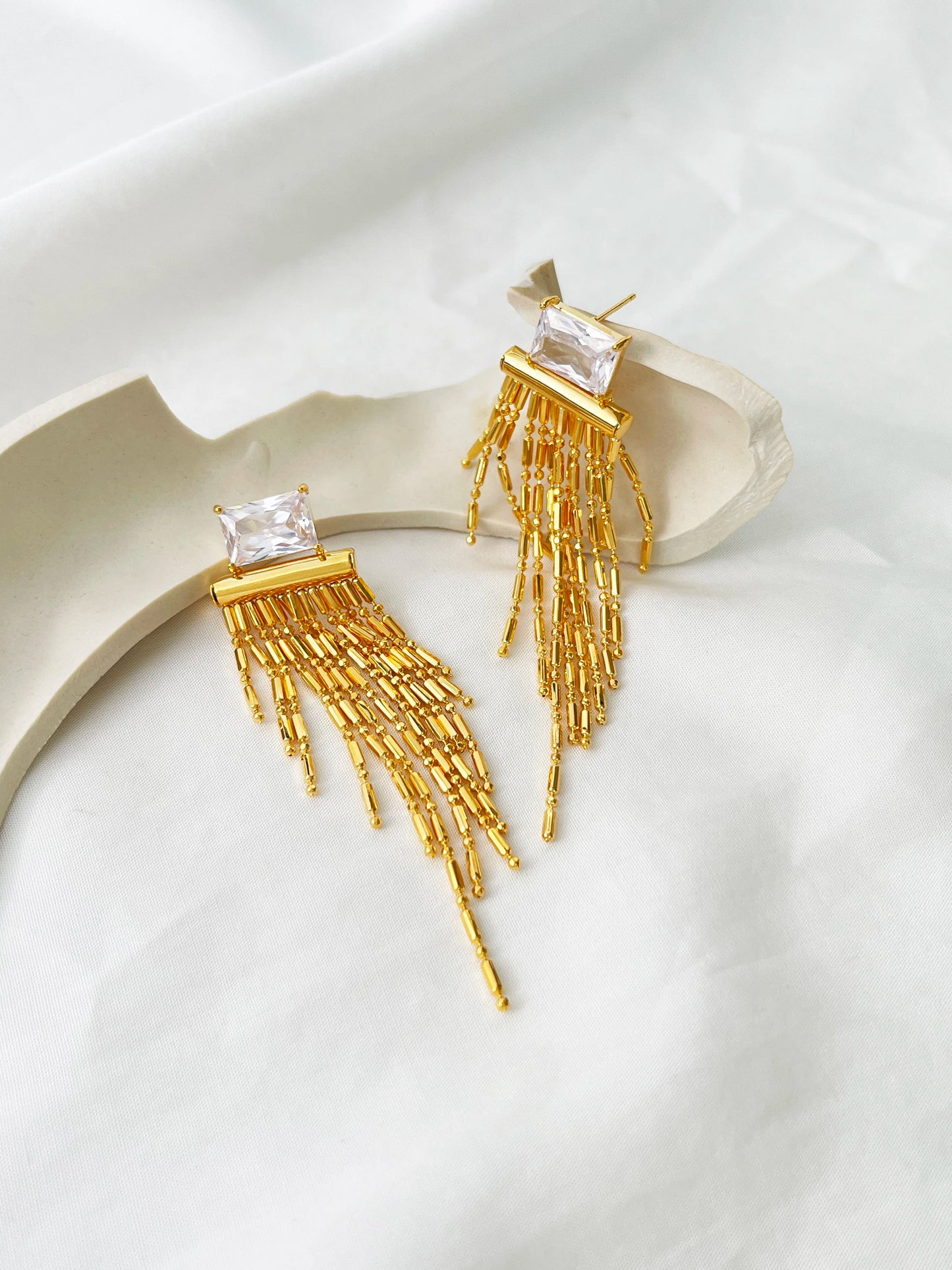 ERRA Pretty AAA Rectangular Zircon Gold Plated Beaded Tassel Earrings Luxury Party Jewelry Long Drop Fringe Earrings Women