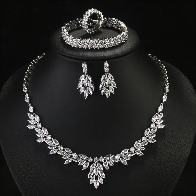 BISMA Brand Sliver Color AAA Zirconia Bridal Jewelry Sets Luxury Flower Leaf Clear Zircon Earring Necklaces for Women