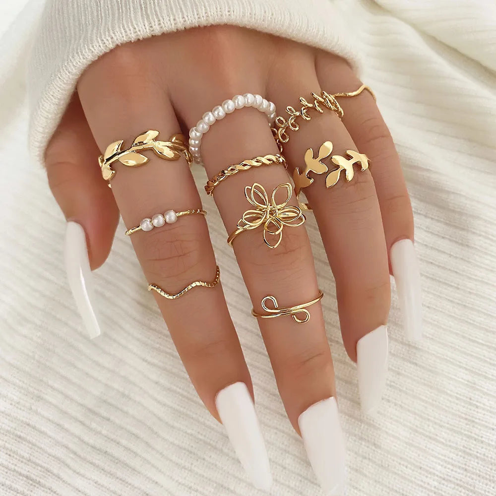 FEELING New 8Pcs/Set Gold Color Bow Rings Set For Women Girls Metal Crystal Cross Open Adjustable Finger Rings Charm Jewelry