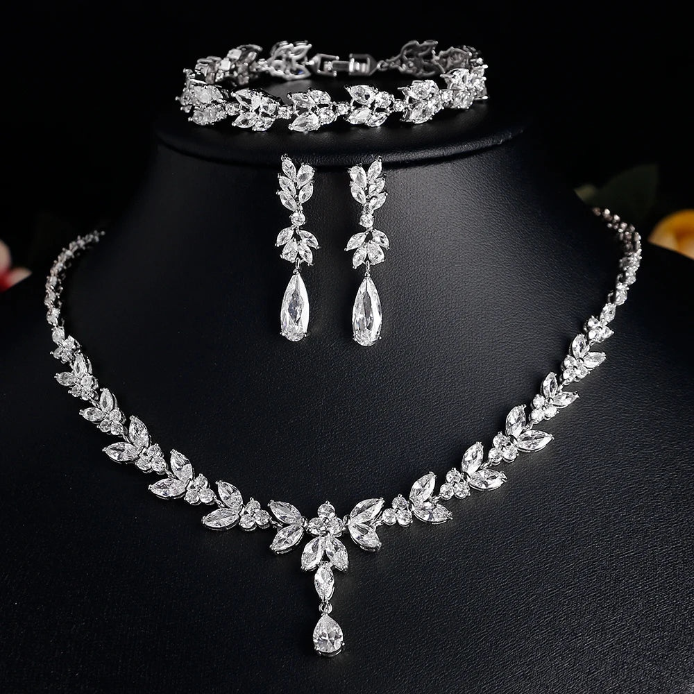 SOUSOU Brand Luxury Cubic Zirconia Dangle Earrings Necklace Elegant Gorgeous CZ Wedding Banquet Party Jewelry Set