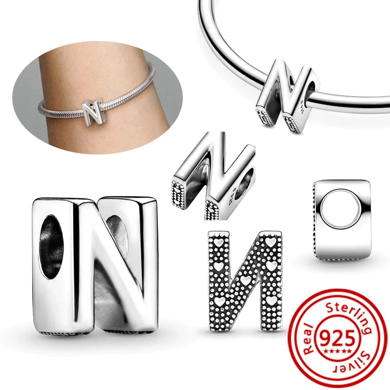 925 Sterling Silver 26 Letter A~Z Alphabet DIY Name Beads Fit Original Pandora Charm Bracelet Bangles Fine Jewelry