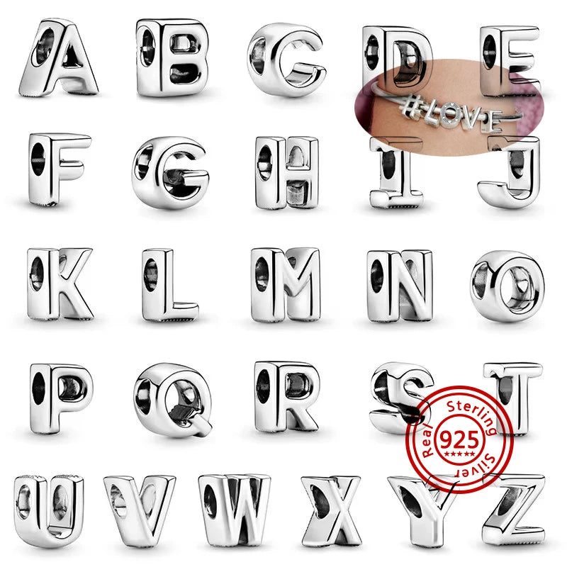 925 Sterling Silver 26 Letter A~Z Alphabet DIY Name Beads Fit Original Pandora Charm Bracelet Bangles Fine Jewelry