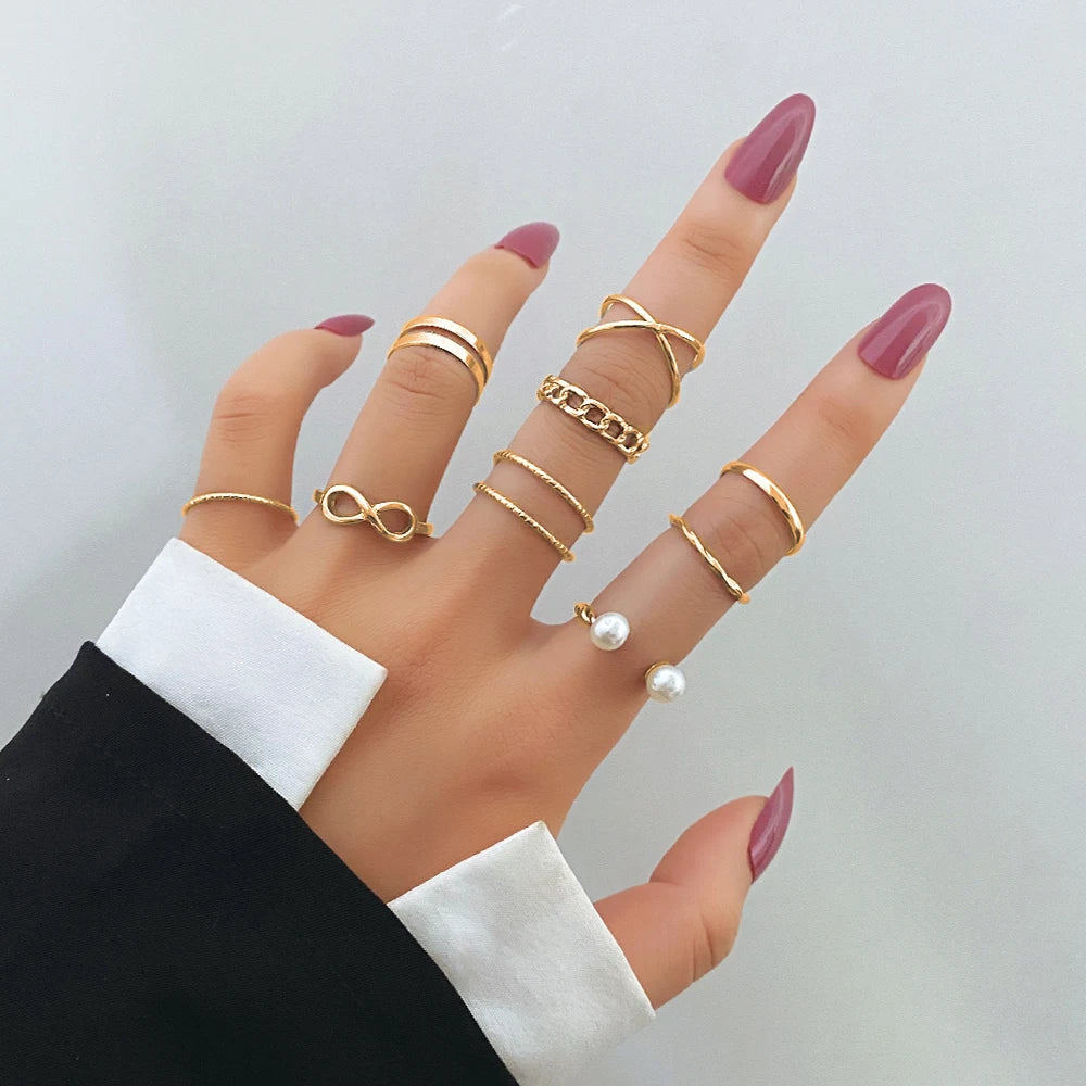 FEELING New 8Pcs/Set Gold Color Bow Rings Set For Women Girls Metal Crystal Cross Open Adjustable Finger Rings Charm Jewelry