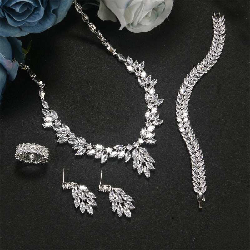 BISMA Brand Sliver Color AAA Zirconia Bridal Jewelry Sets Luxury Flower Leaf Clear Zircon Earring Necklaces for Women