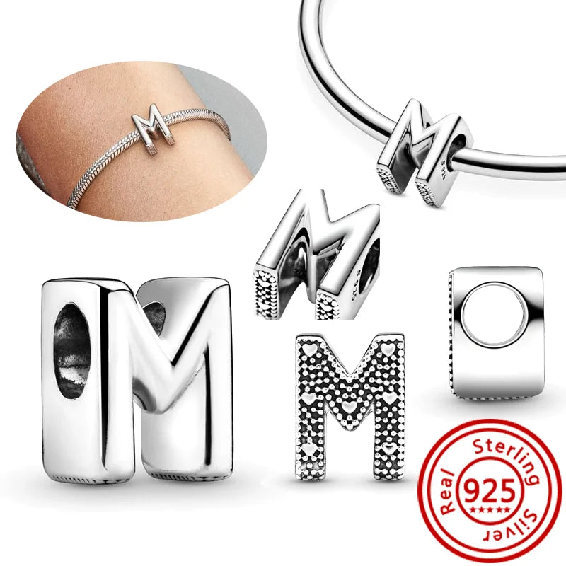 925 Sterling Silver 26 Letter A~Z Alphabet DIY Name Beads Fit Original Pandora Charm Bracelet Bangles Fine Jewelry