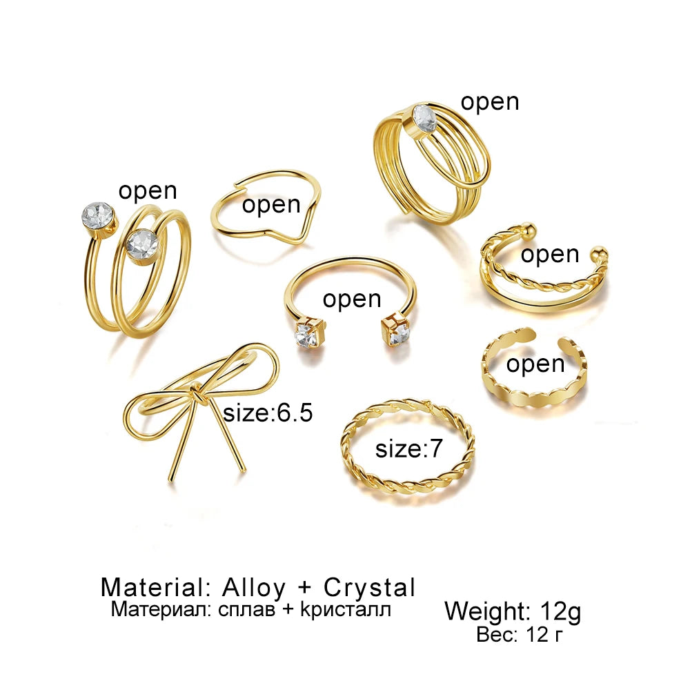 FEELING New 8Pcs/Set Gold Color Bow Rings Set For Women Girls Metal Crystal Cross Open Adjustable Finger Rings Charm Jewelry