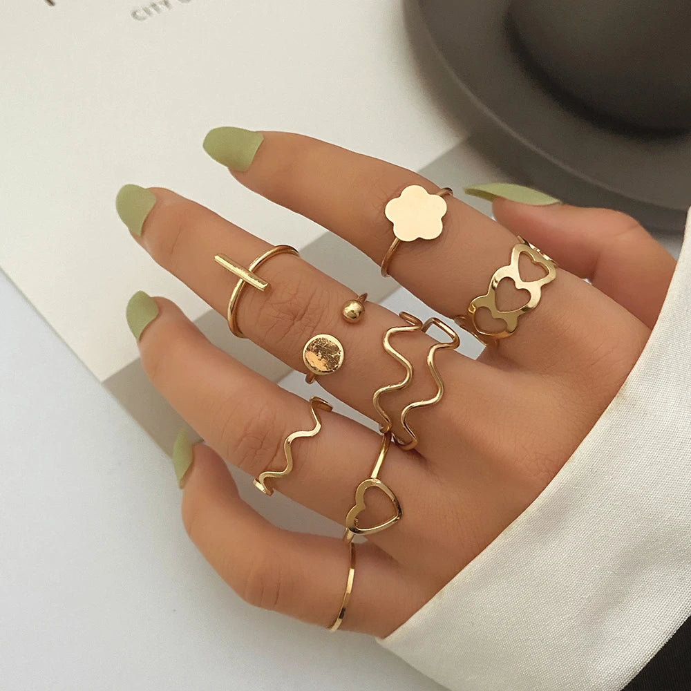 FEELING New 8Pcs/Set Gold Color Bow Rings Set For Women Girls Metal Crystal Cross Open Adjustable Finger Rings Charm Jewelry