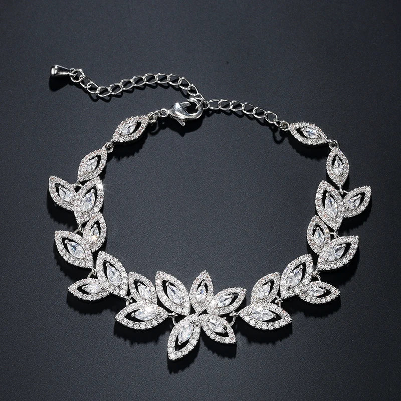 FAITHFUL Brand Shiny Buling Micropaved Zirconia Leaf Long Earrings Chain Bracelet Charm Wedding Jewelry Set For Women