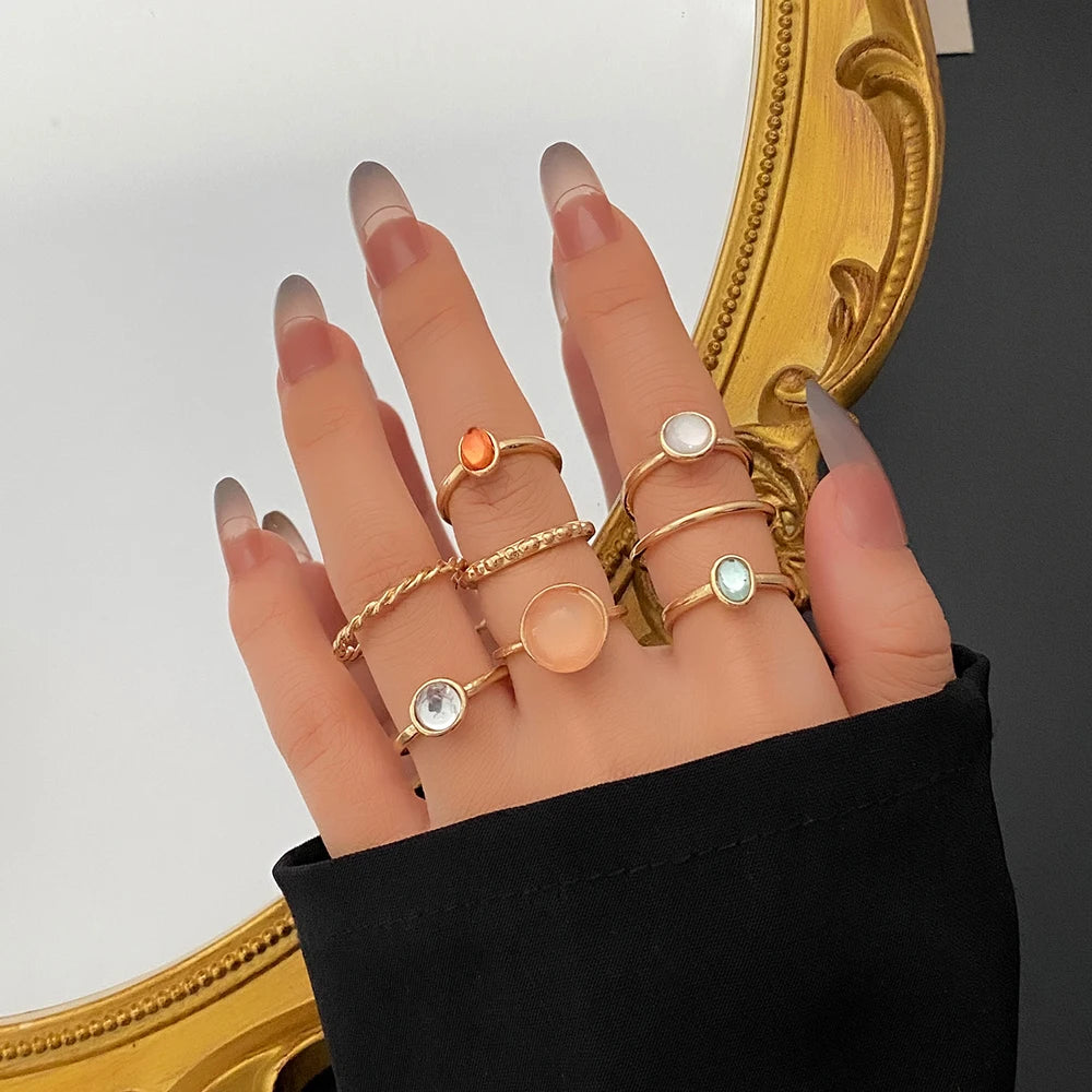 FEELING New 8Pcs/Set Gold Color Bow Rings Set For Women Girls Metal Crystal Cross Open Adjustable Finger Rings Charm Jewelry