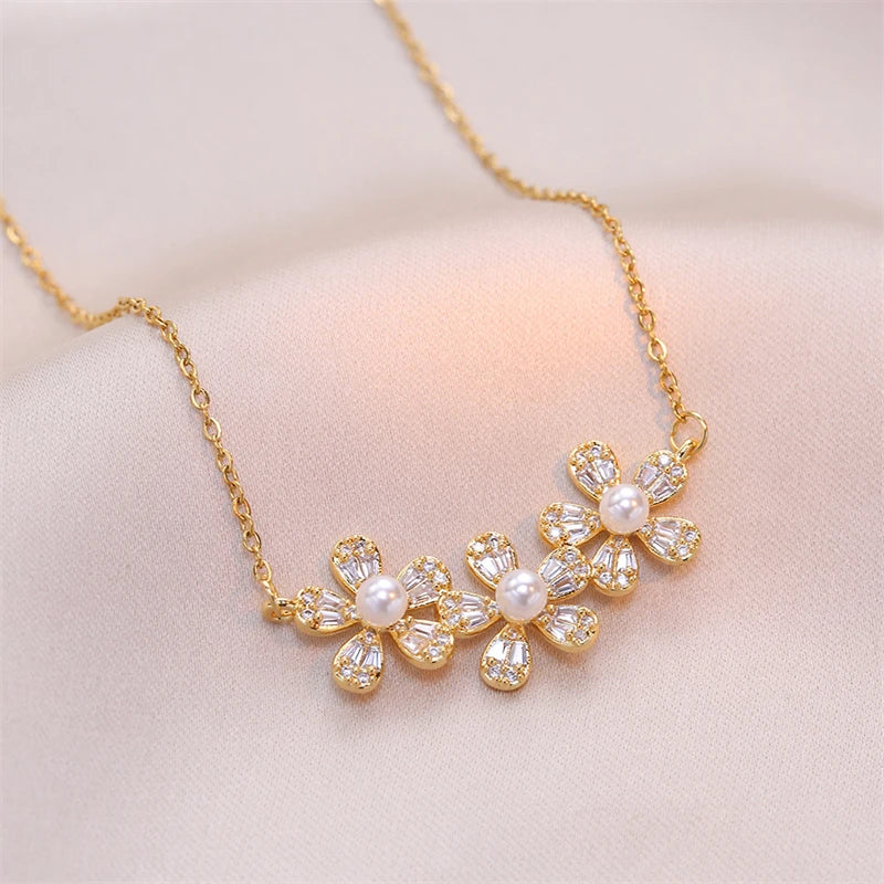 3FLR Stainless Steel New Fashion Fine Jewelry Japanese Style Zircon Pearl Flower Charm Chain Choker Necklaces Pendants For Women