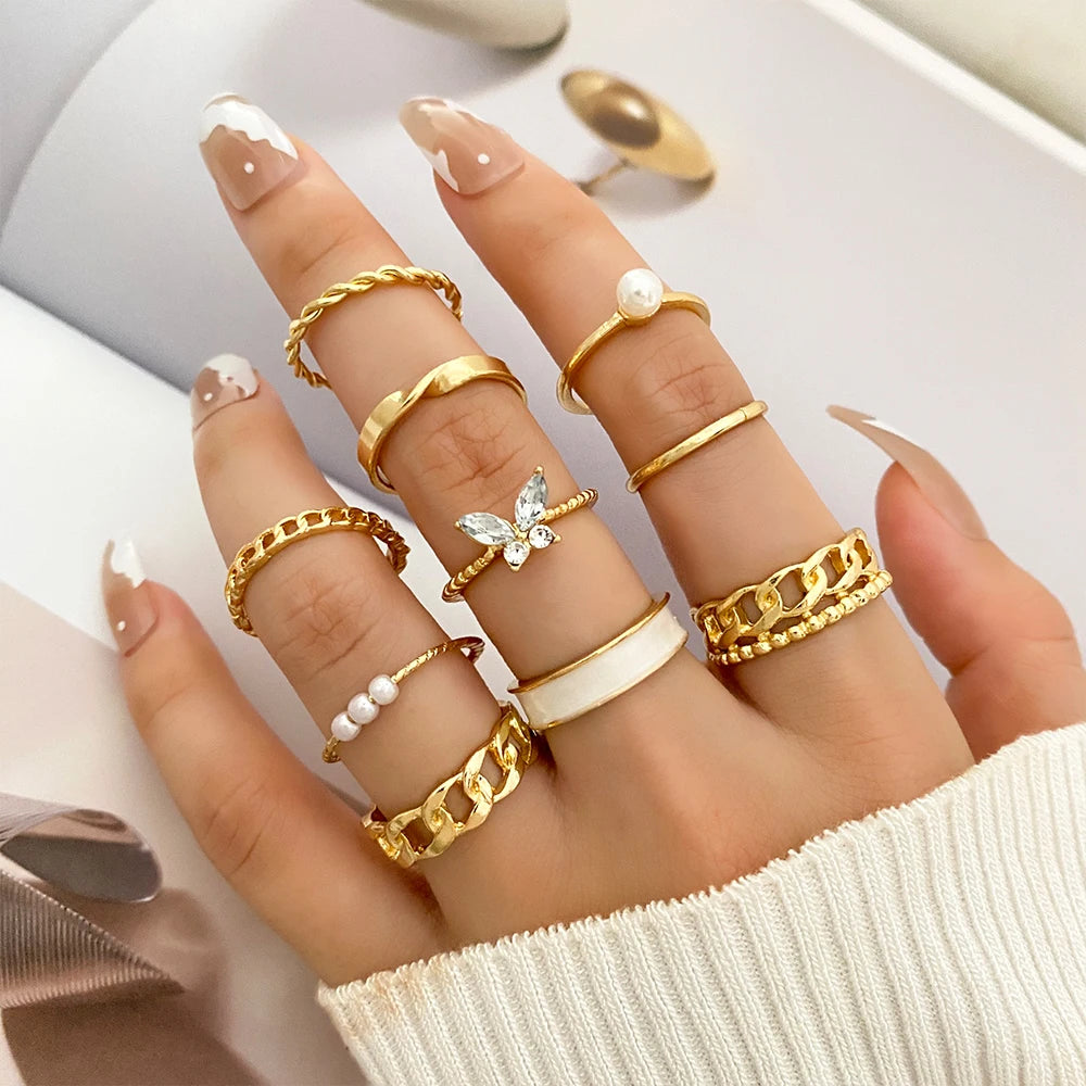 FEELING New 8Pcs/Set Gold Color Bow Rings Set For Women Girls Metal Crystal Cross Open Adjustable Finger Rings Charm Jewelry