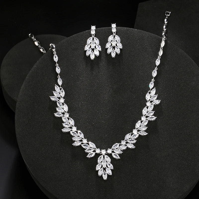 BISMA Brand Sliver Color AAA Zirconia Bridal Jewelry Sets Luxury Flower Leaf Clear Zircon Earring Necklaces for Women