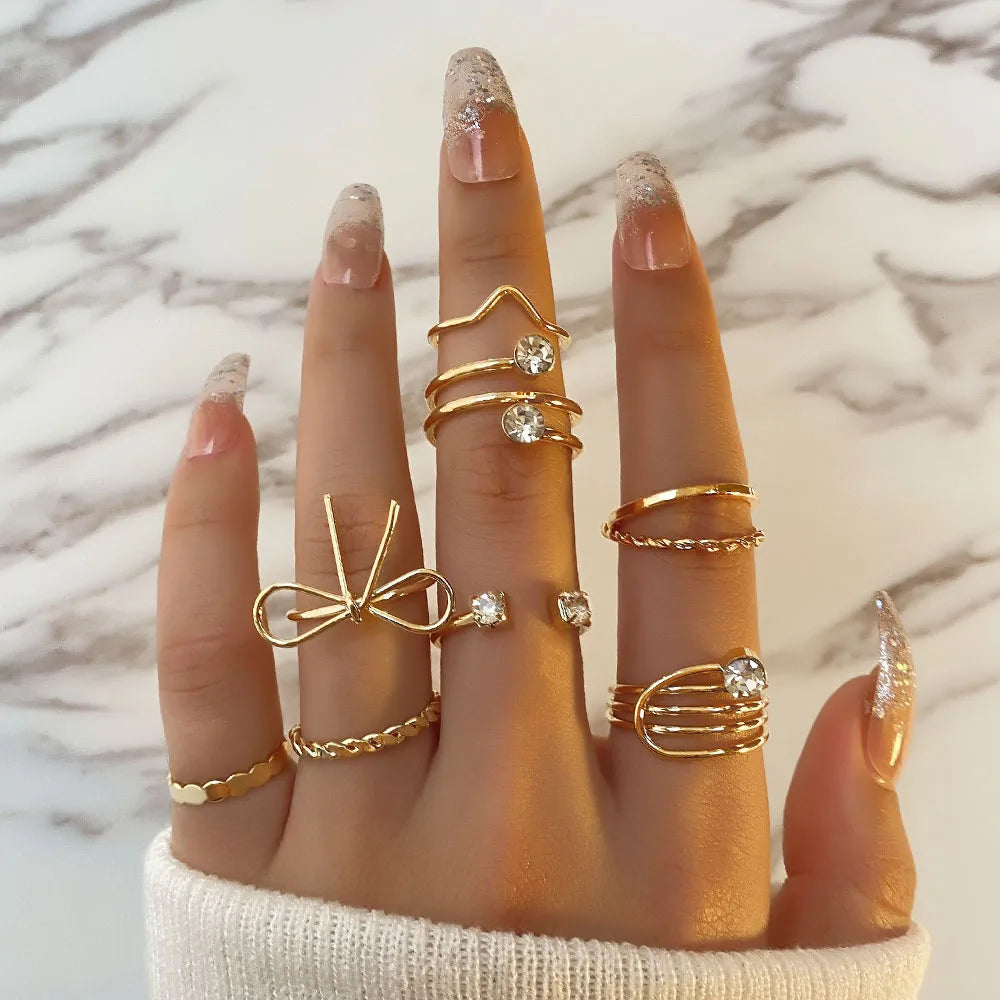 FEELING New 8Pcs/Set Gold Color Bow Rings Set For Women Girls Metal Crystal Cross Open Adjustable Finger Rings Charm Jewelry