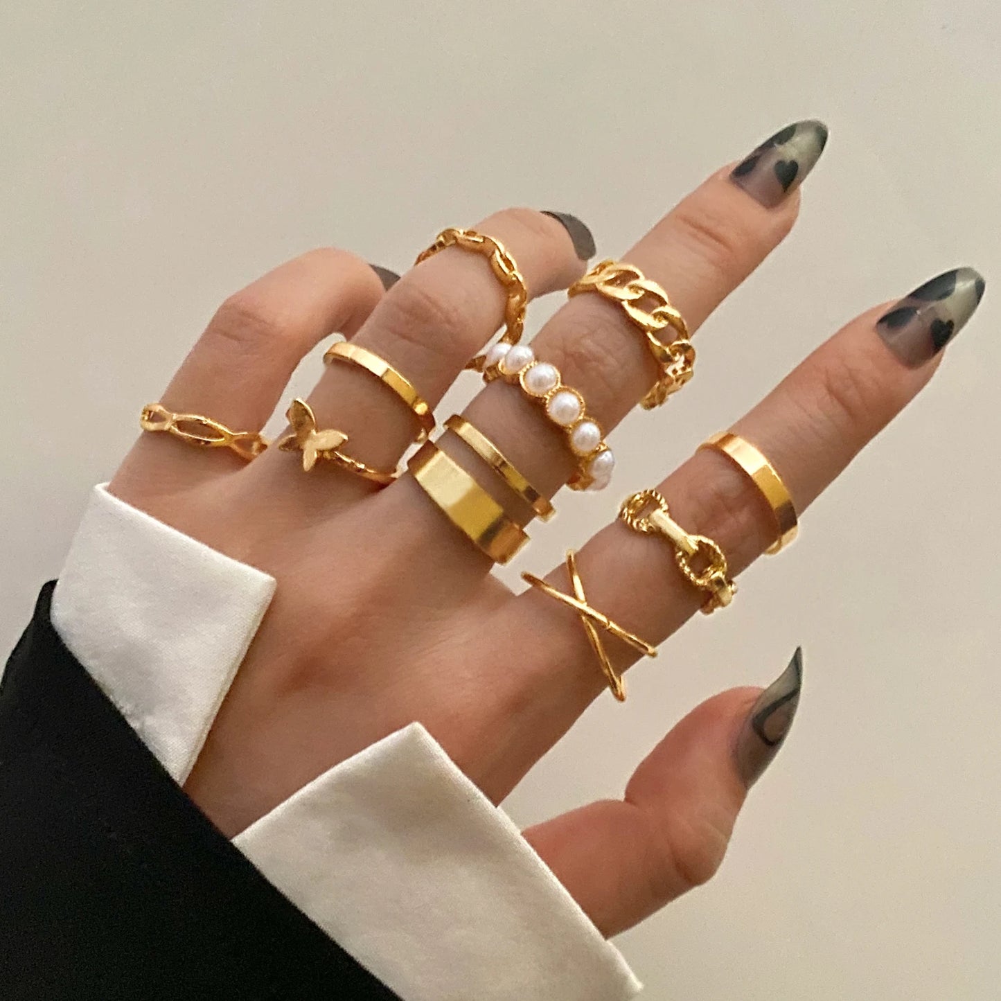 FEELING New 8Pcs/Set Gold Color Bow Rings Set For Women Girls Metal Crystal Cross Open Adjustable Finger Rings Charm Jewelry