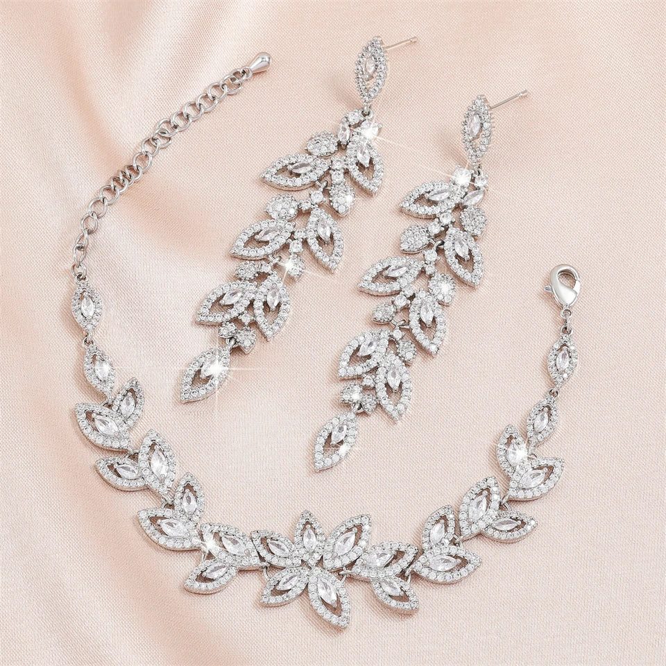 FAITHFUL Brand Shiny Buling Micropaved Zirconia Leaf Long Earrings Chain Bracelet Charm Wedding Jewelry Set For Women