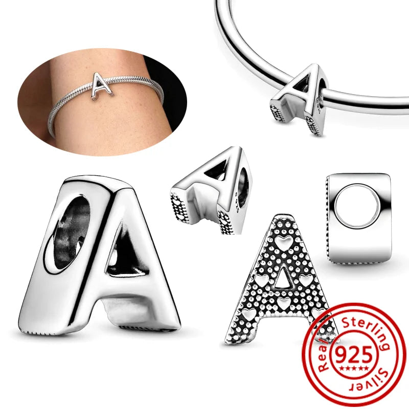 925 Sterling Silver 26 Letter A~Z Alphabet DIY Name Beads Fit Original Pandora Charm Bracelet Bangles Fine Jewelry